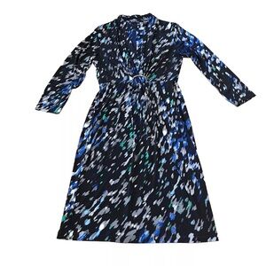 New York & Company Dress Black Blue Green White Retro Print Cinch Size S